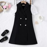 Girls Black and White Puff Sleeves Formal Blazer Dress Casual Dresses Black 7-8 Y