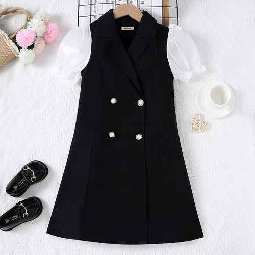 Girls Black and White Puff Sleeves Formal Blazer Dress Casual Dresses Black 7-8 Y