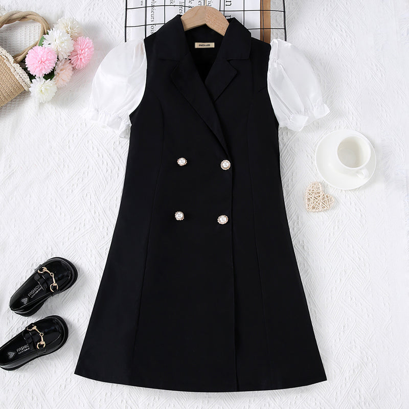 Girls Black and White Puff Sleeves Formal Blazer Dress Casual Dresses Black 7-8 Y