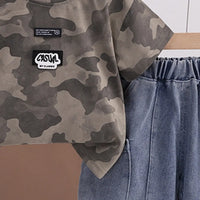Boys Olive Green Camouflage Printed Round Neck T-Shirt With Denim Shorts Sets 2 pc. Sets