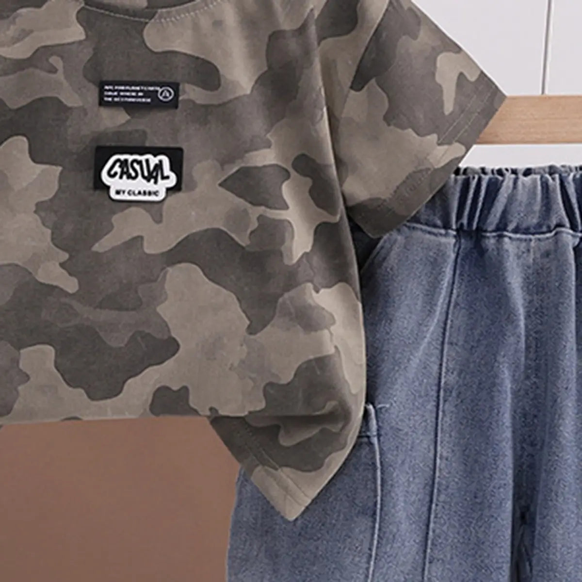 Boys Olive Green Camouflage Printed Round Neck T-Shirt With Denim Shorts Sets 2 pc. Sets