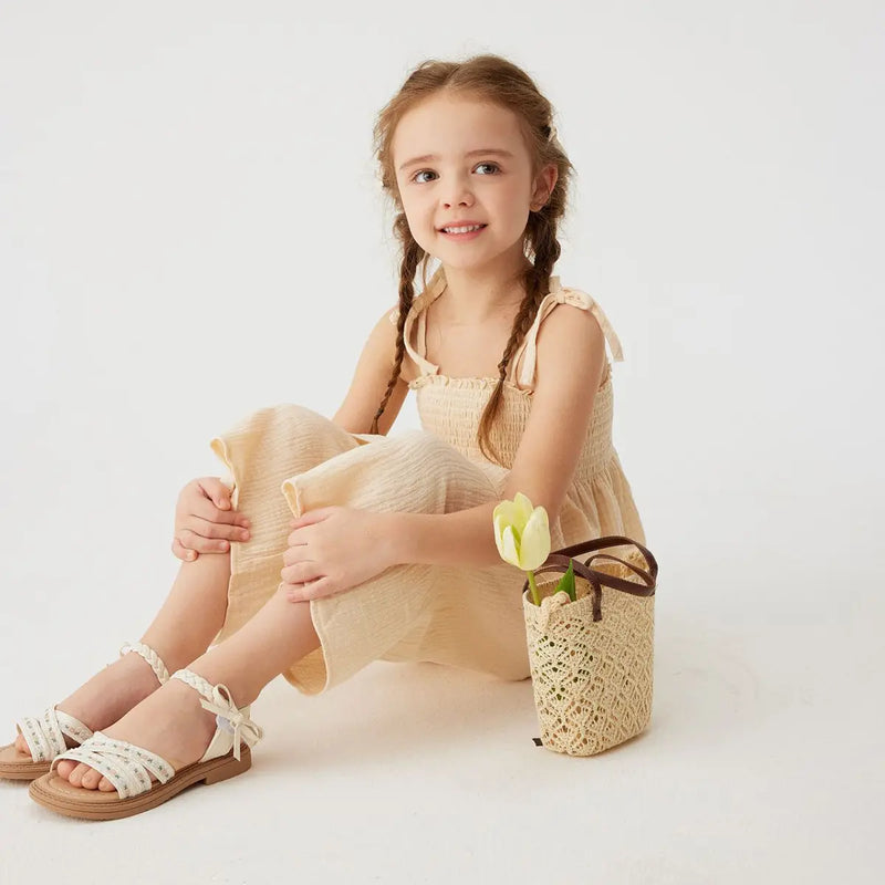 Girls Beige Sleeveless Smocked Peplum Top With Cropped Pants Co-ord Sets Sets
