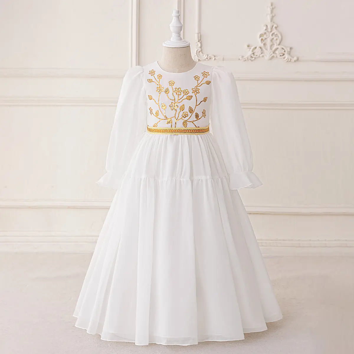 Girls White Puff Sleeves Maxi Dress With Floral Golden Embroidery Casual Dresses White 3-4 Y