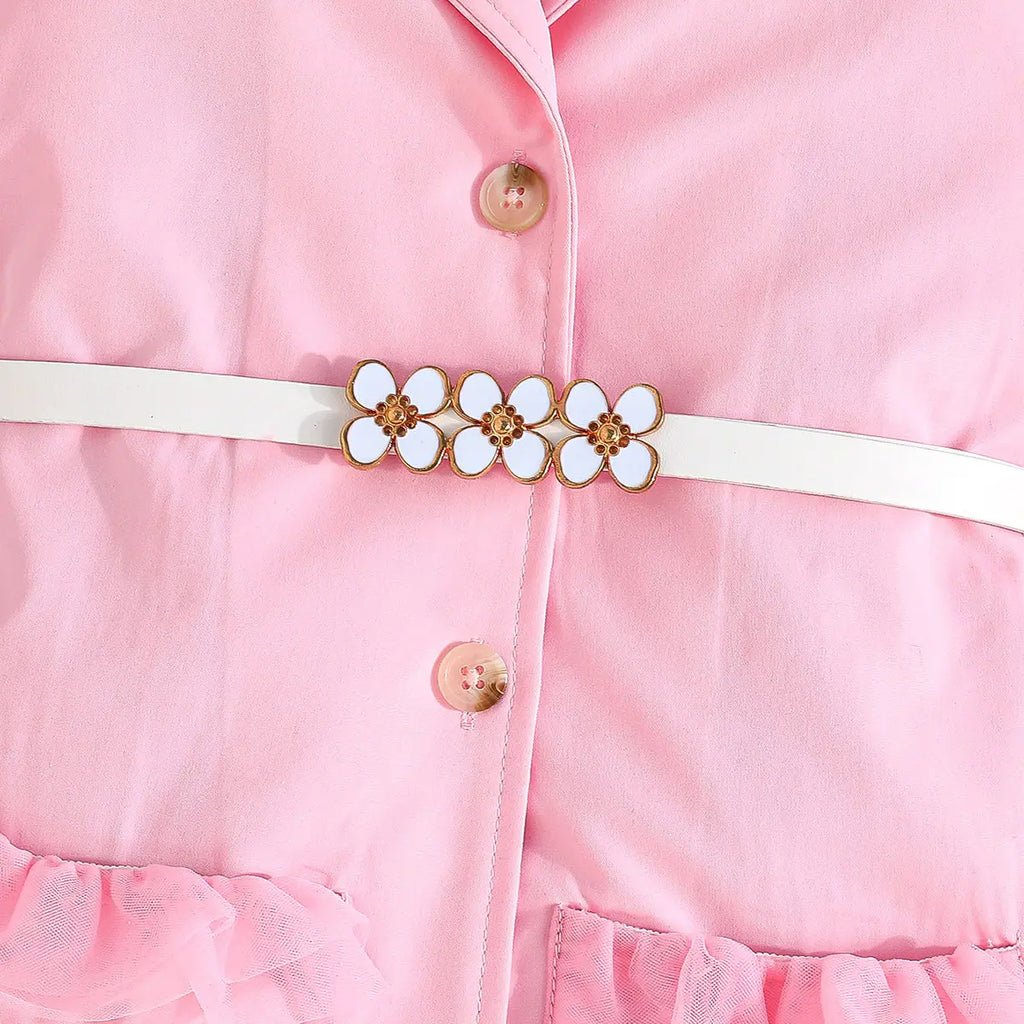 Girls Pink Sleeveless Blazer Dresses With Tulle Ruffles Hem Casual Dresses
