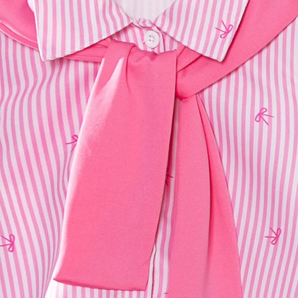 Girls Pink Stripes Long Sleeves Shirt & Scarf With Bow Embroidered Denim Pants Sets