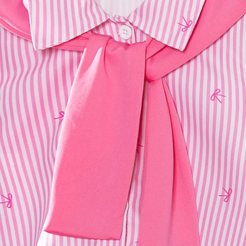 Girls Pink Stripes Long Sleeves Shirt & Scarf With Bow Embroidered Denim Pants Sets