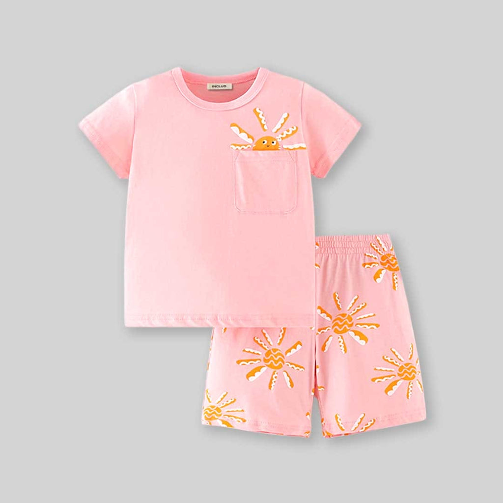 Girls Sun Print T-Shirt with Shorts Set Sets   