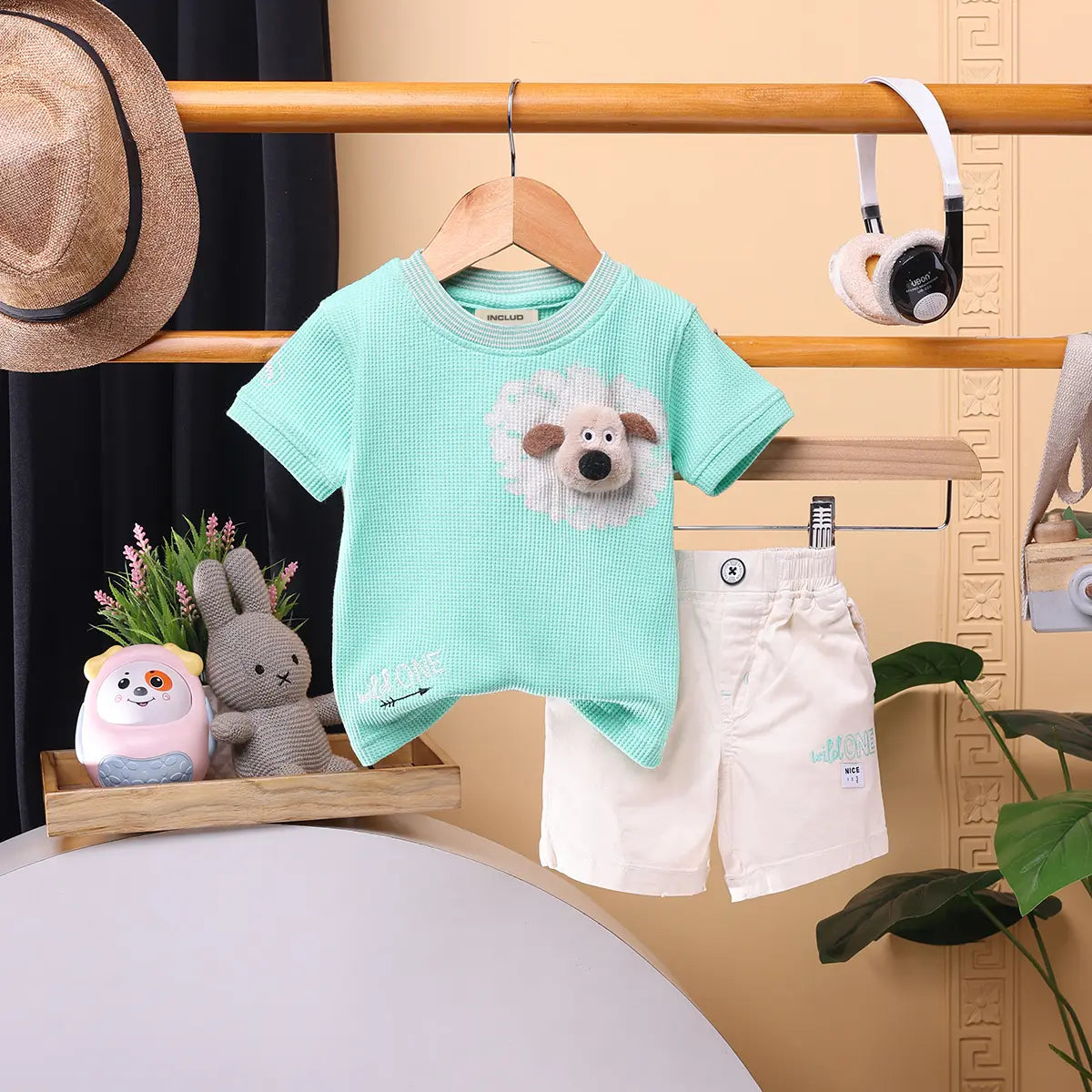Boys Green Applique Short Sleeve T-Shirt With Elasticated Shorts Sets 2 pc. Sets Green 0-3 M