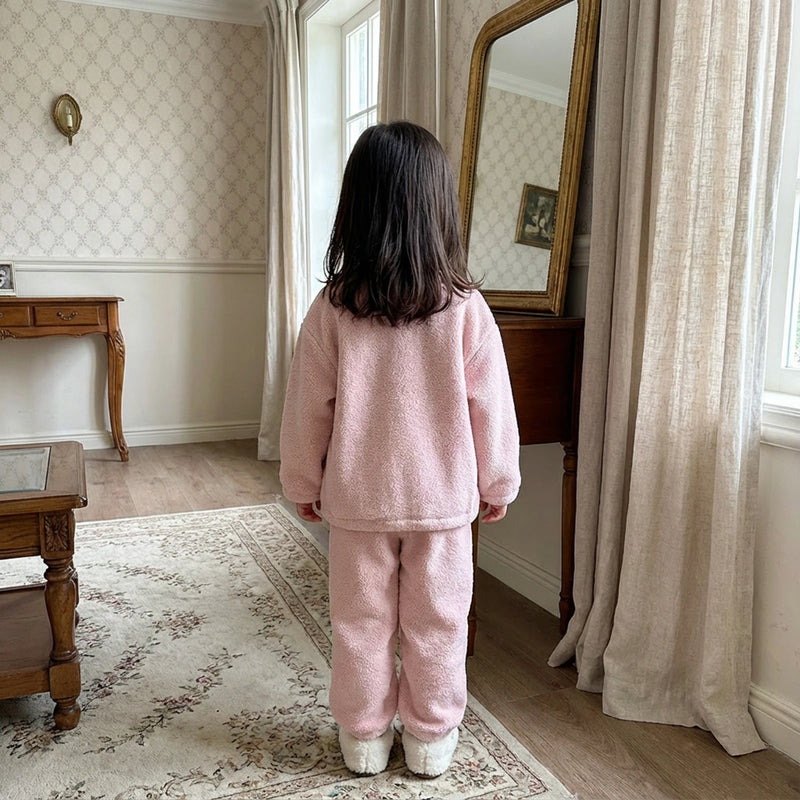 Girls Pink Fleece Heart Applique Top With Pants Sets Sets