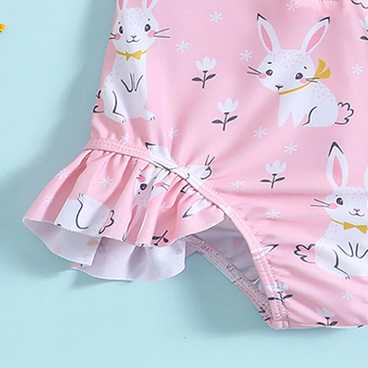 Girls Pink Rabbit Printed Half Zipper Swimwear Bodysuit Beachwear