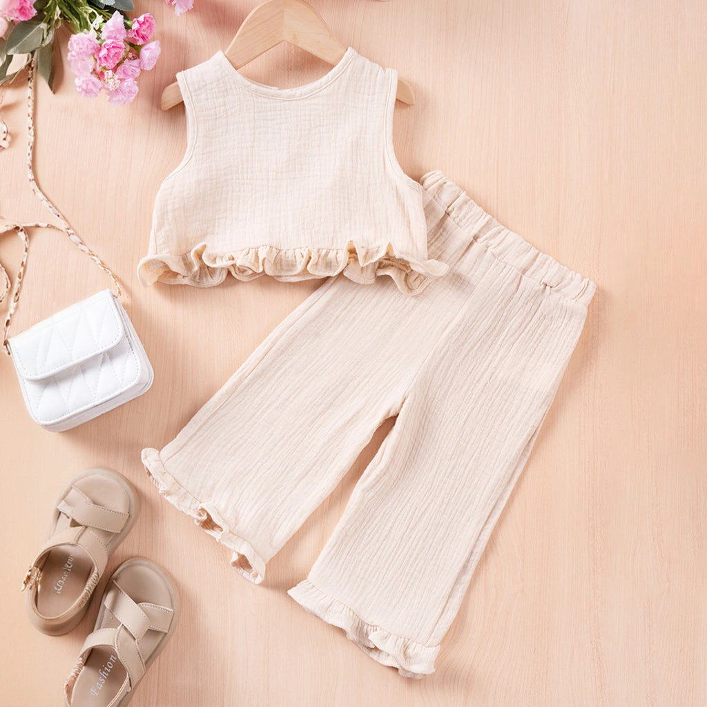 Girls Beige Textured Sleeveless Top & Pants With Ruffle Hem Co-ord Sets Sets Beige 1-2 Y