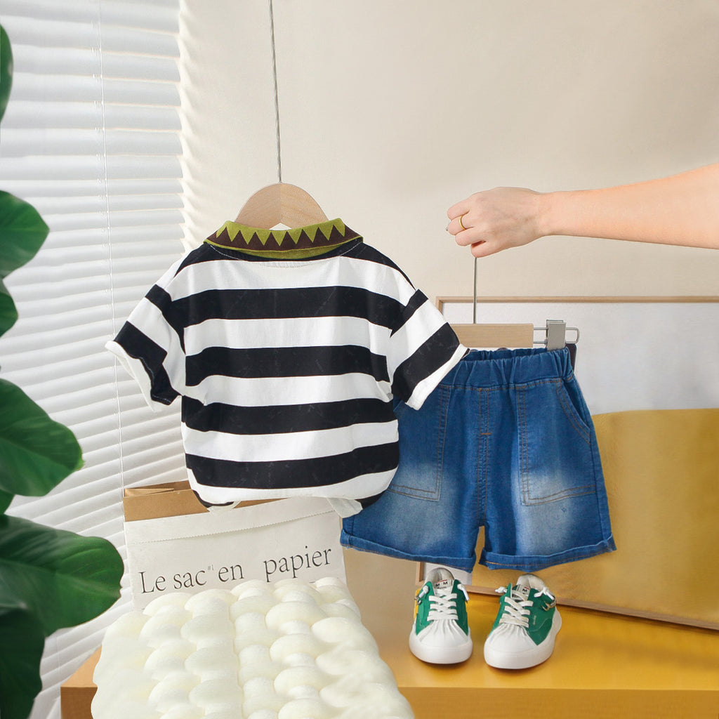 Boys Black Striped Cartoon Graphic Polo T-Shirt With Denim Shorts Set 2 pc. Sets