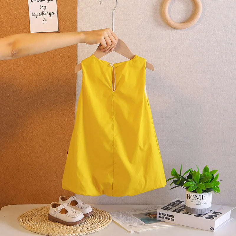 Girls Yellow Cherry Applique Sleeveless Balloon Dress Casual Dresses