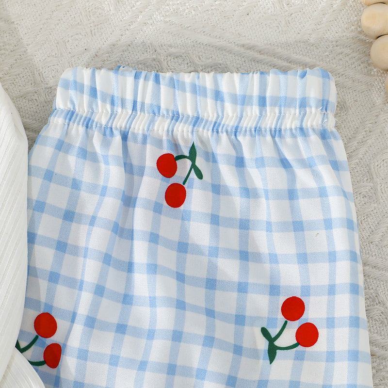 Girls White Cherry Embroidered Top with Checkered Pajama Set Sets