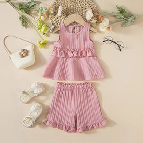 Girls Dusty Pink Stripes Sleeveless Top With Ruffle Hem Shorts Co-ord Sets Sets Pink 1-2 Y