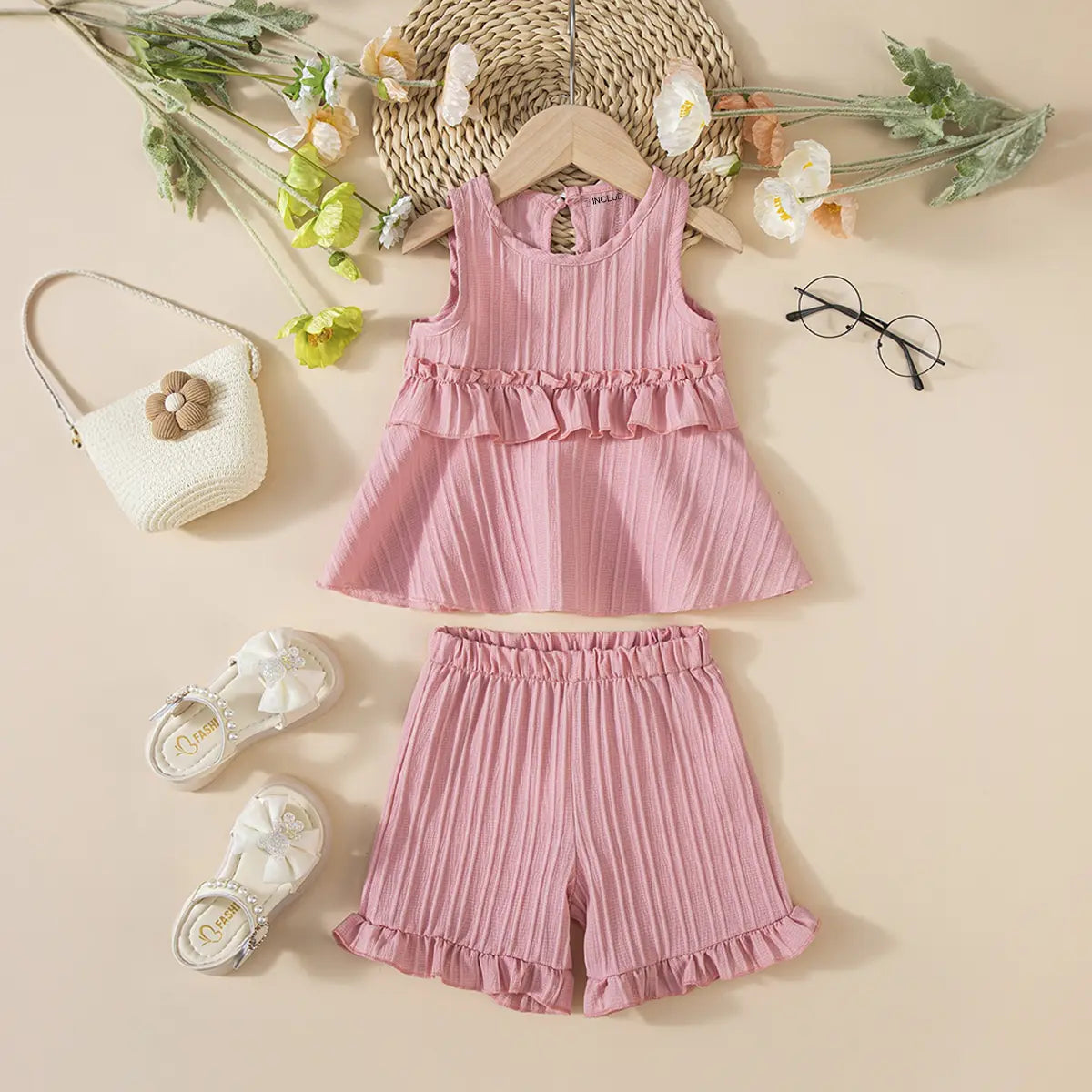 Girls Dusty Pink Stripes Sleeveless Top With Ruffle Hem Shorts Co-ord Sets Sets Pink 1-2 Y