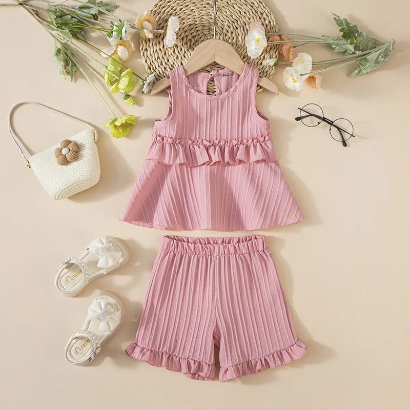 Girls Dusty Pink Stripes Sleeveless Top With Ruffle Hem Shorts Co-ord Sets Sets Pink 1-2 Y