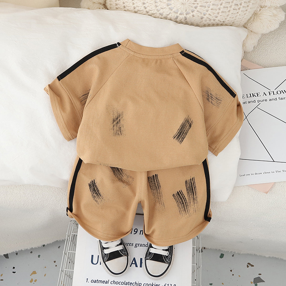 Boys Khaki Shoulder Striped Raglan Sleeves T-Shirt With Shorts Set 2 pc. Sets