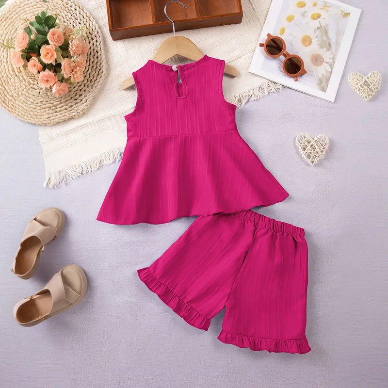Girls Fuchsia Stripes Sleeveless Top With Ruffle Hem Shorts Co-ord Sets Sets