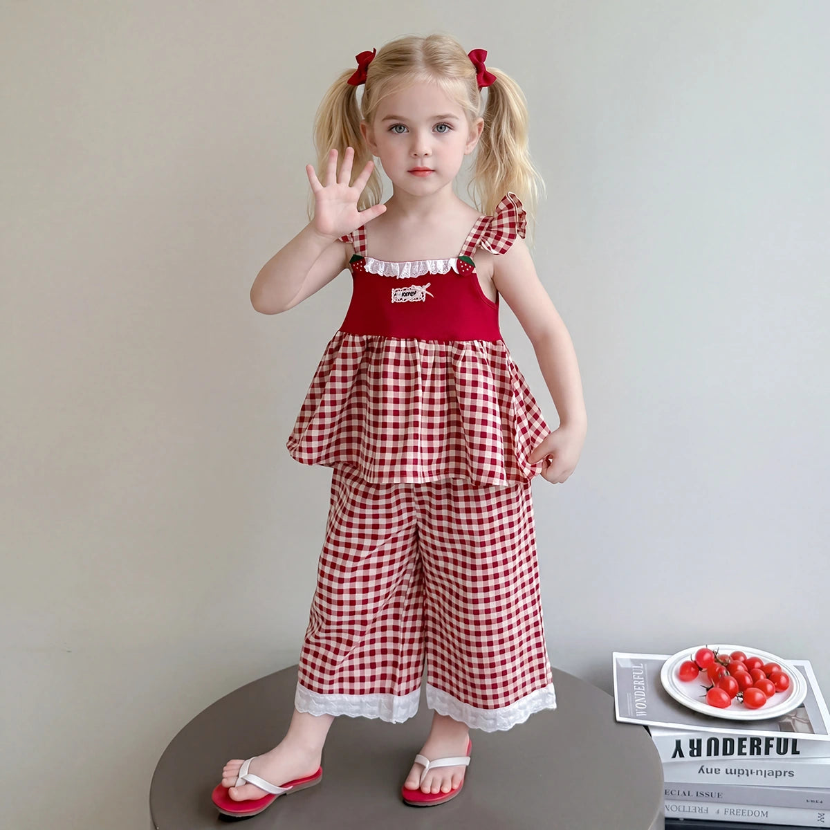 Girls Red Checked Sleeveless Top With Pants Sets 2 pc. Sets Red 1-2 Y