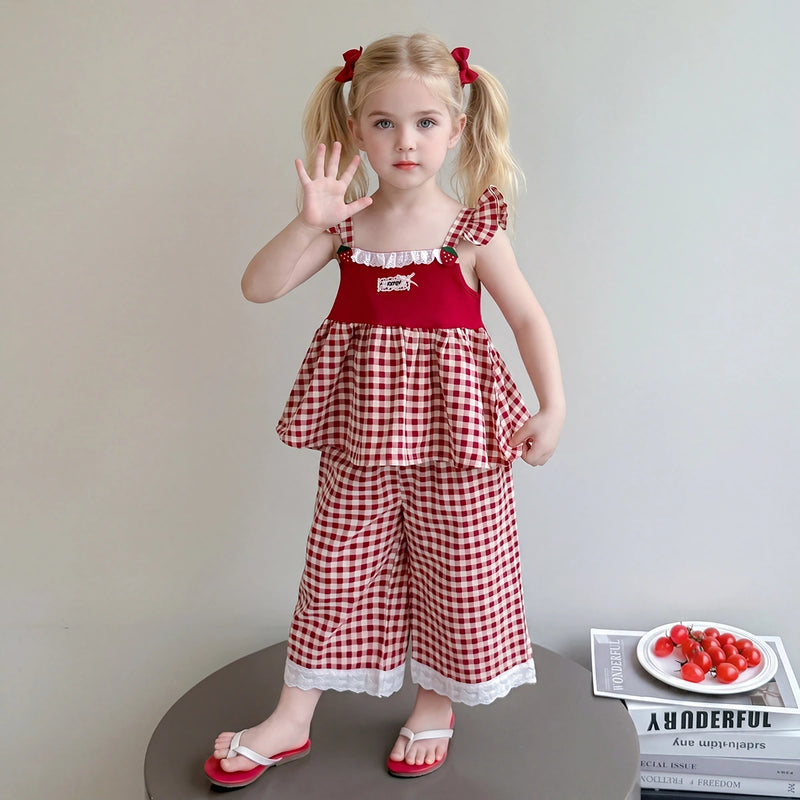 Girls Red Checked Sleeveless Top With Pants Sets 2 pc. Sets Red 1-2 Y