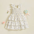 Girls Cream Floral Printed Flutter Sleeve Smocked Tiered Dress Casual Dresses Cream 3-4 Y