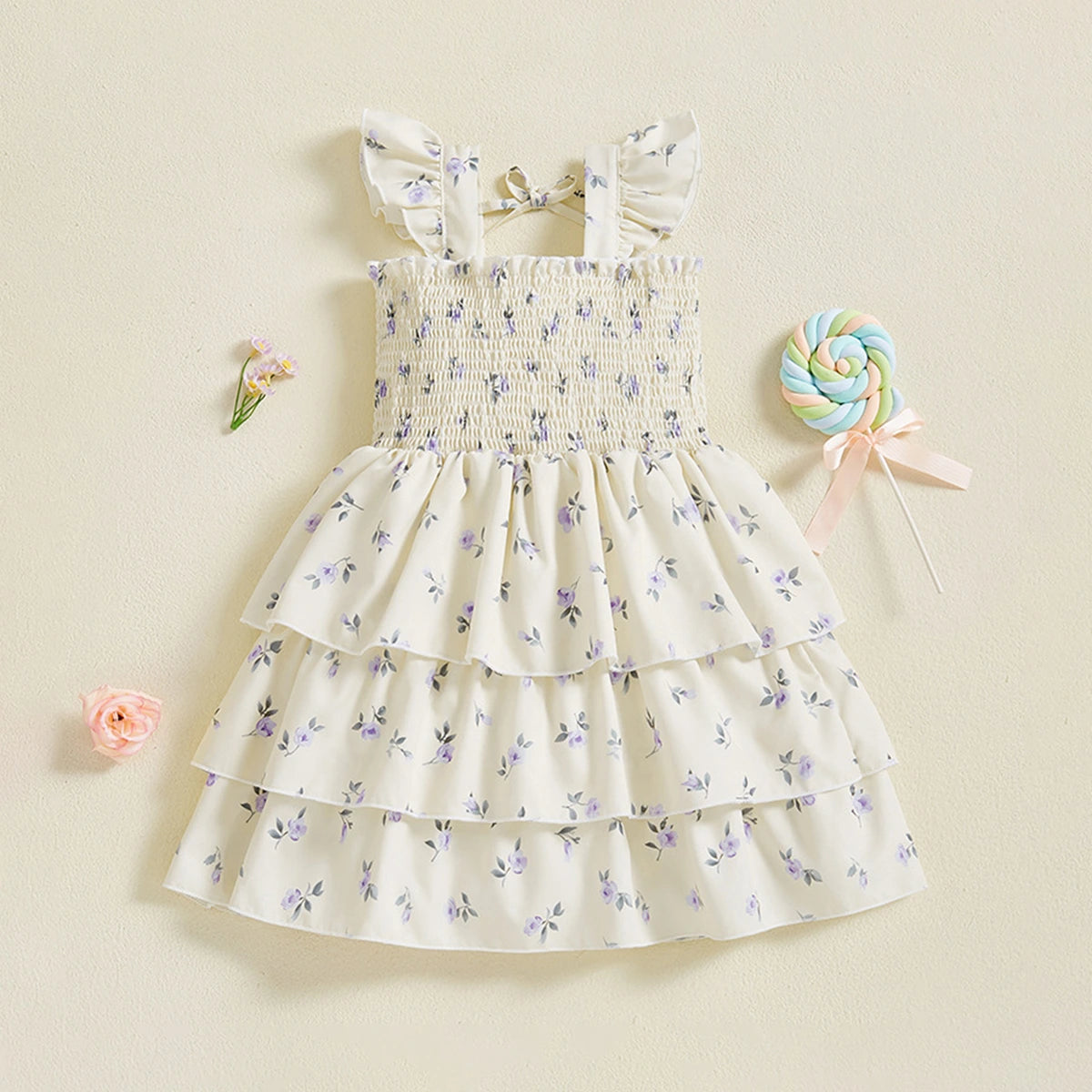 Girls Cream Floral Printed Flutter Sleeve Smocked Tiered Dress Casual Dresses Cream 3-4 Y