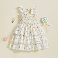Girls Cream Floral Printed Flutter Sleeve Smocked Tiered Dress Casual Dresses Cream 3-4 Y