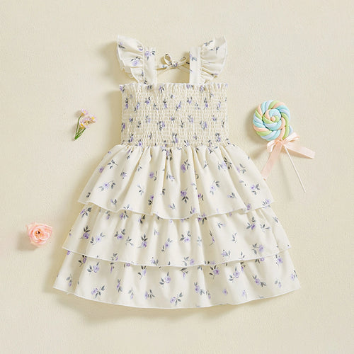 Girls Cream Floral Printed Flutter Sleeve Smocked Tiered Dress Casual Dresses Cream 3-4 Y