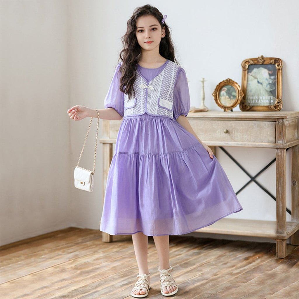 Girls Puff Sleeves Fit & Flared Dress Casual Dresses Purple 6-7 Y 