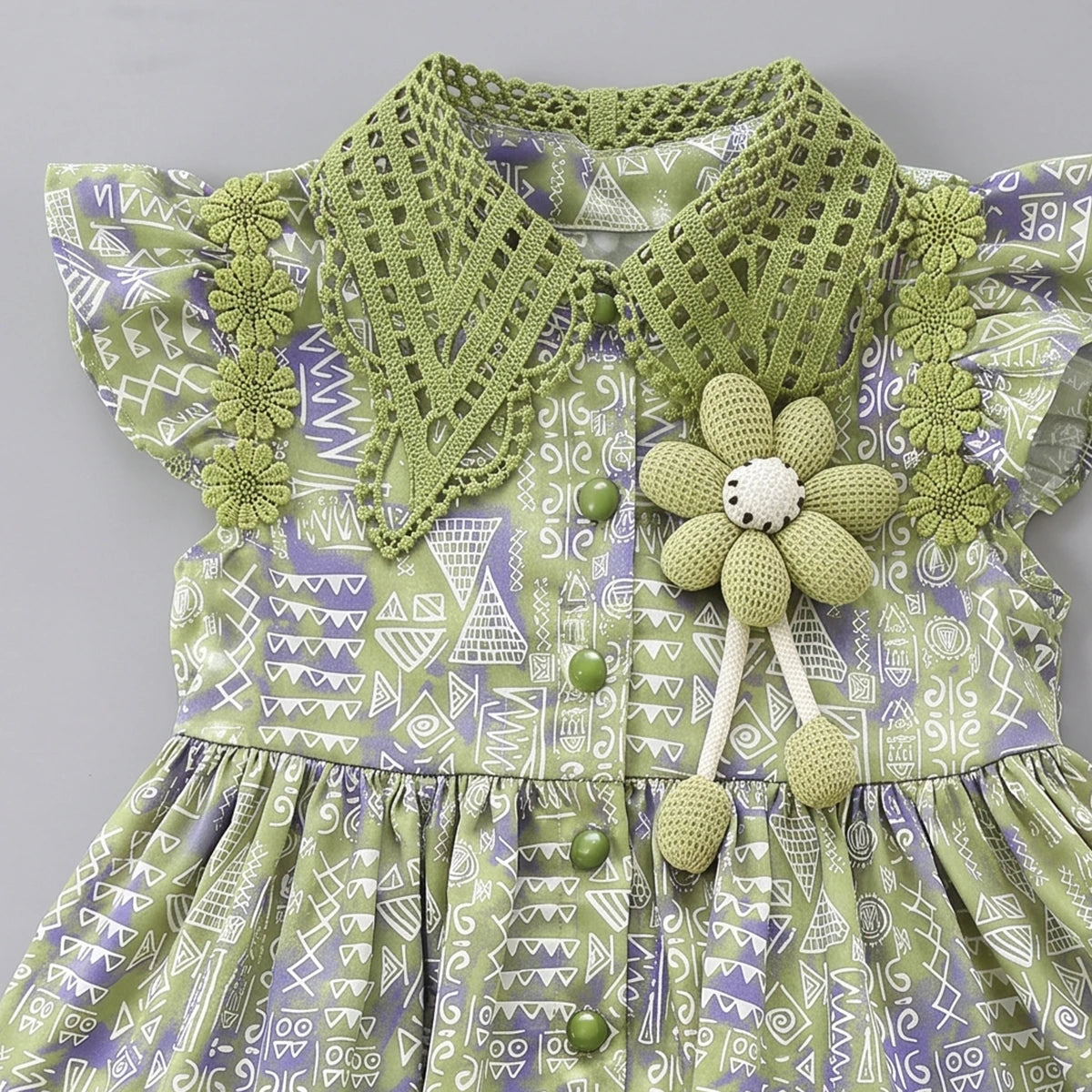 Girls Green Geometric Print Flutter Sleeve Top With Shorts Sets 2 pc. Sets