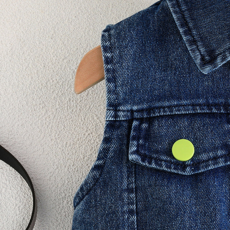 Girls Sleeveless Denim Jacket With Camisole Top And Green Pleated Skirt Set 3 pc. Sets