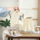 Boys Off White Cartoon Graphic Polo T-Shirts With Elasticated Shorts Set