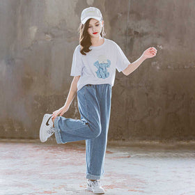 Girls Elephant Graphic T-Shirt With Denim Trouser Set 2 pc. Sets   