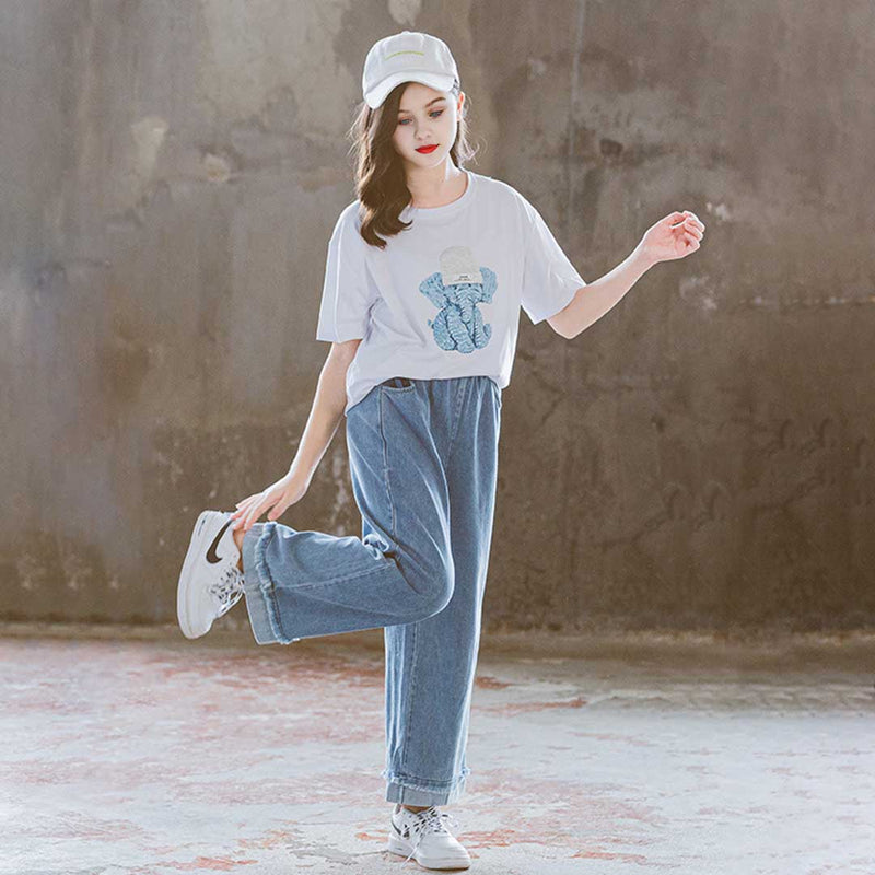 Girls Elephant Graphic T-Shirt With Denim Trouser Set 2 pc. Sets   