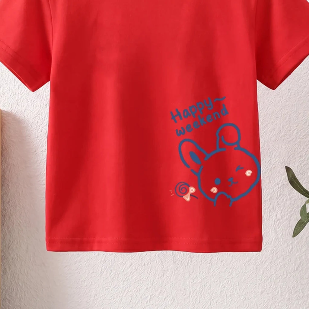 Girls Red Short Sleeve Happy Weekend Typography Print T-Shirt Tshirts