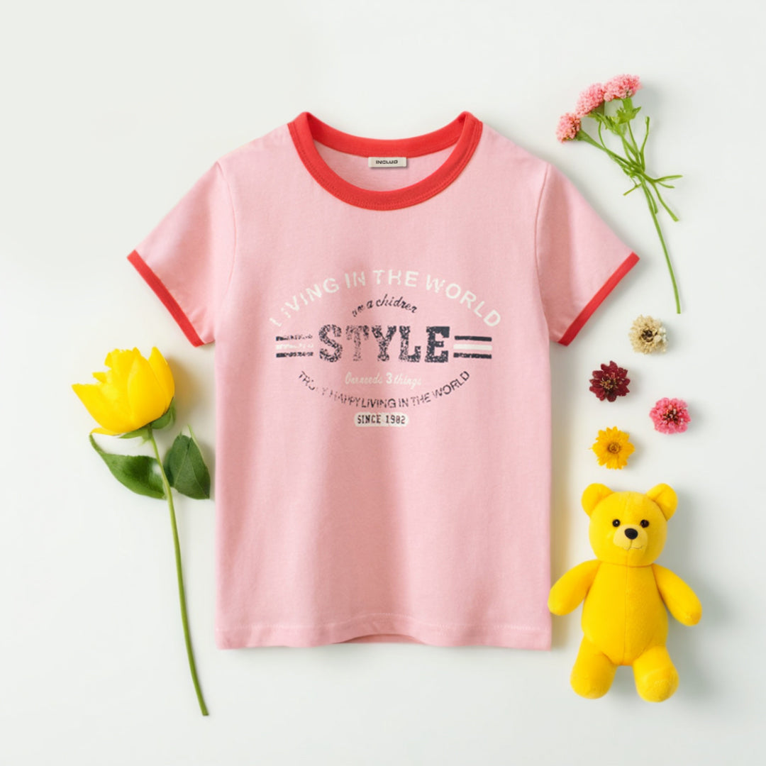 Girls Typography Print  Short Sleeves T-shirt Tshirts Pink 1-2 Y 