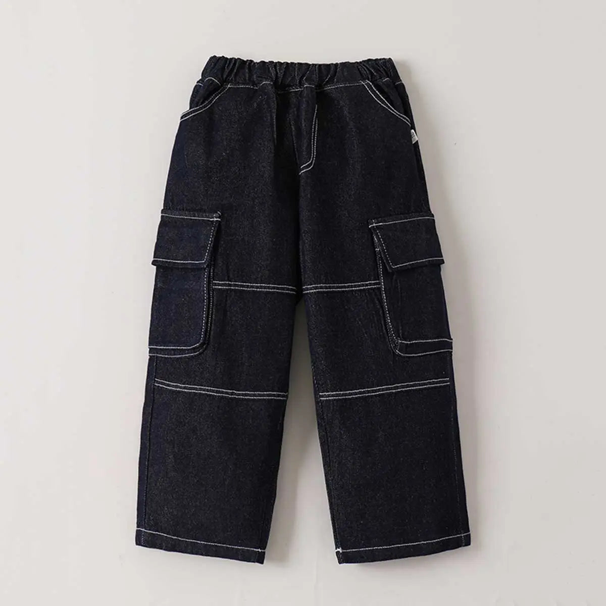 Boys Black Solid Cargo Jeans With Elasticated Waistband Cargo Pants Black 2-3 Y