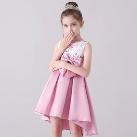 Girls Pink Embroidered Sleeveless High-Low Party Wear Dress Party Dresses