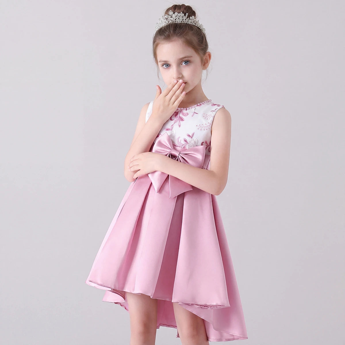 Girls Pink Embroidered Sleeveless High-Low Party Wear Dress Party Dresses