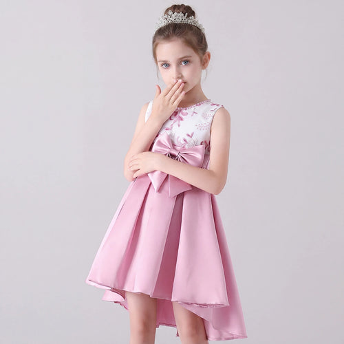 Girls Pink Embroidered Sleeveless High-Low Party Wear Dress Party Dresses
