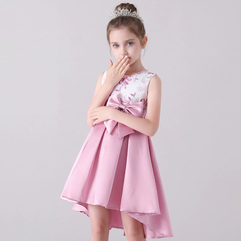 Girls Pink Embroidered Sleeveless High-Low Party Wear Dress Party Dresses