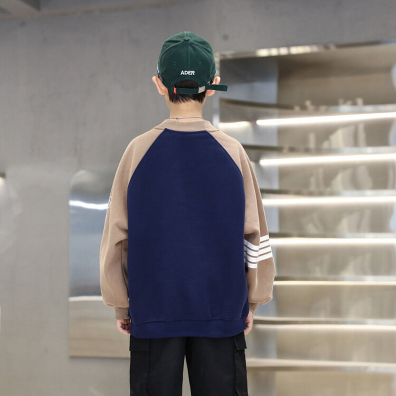 Boys Navy Blue Typographic Printed Raglan Sleeves Winter Sweatshirt Sweatshirts & Hoodies