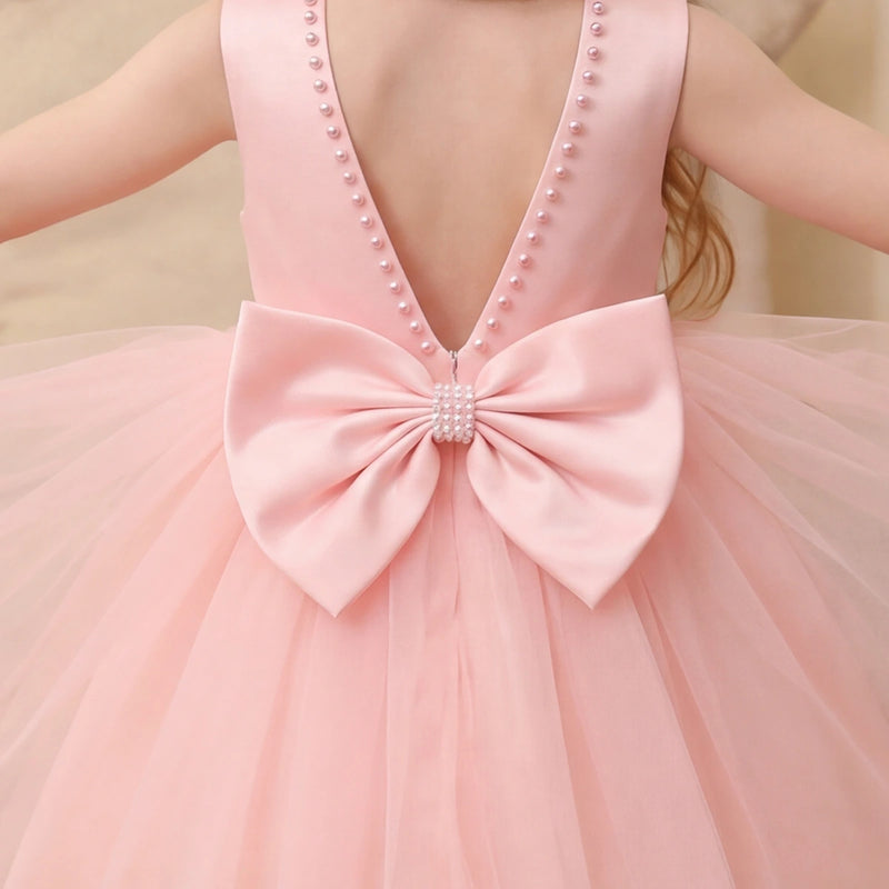 Girls Pink Beaded Neck Sleeveless Fit & Flare Party Wear Dress Party Dresses