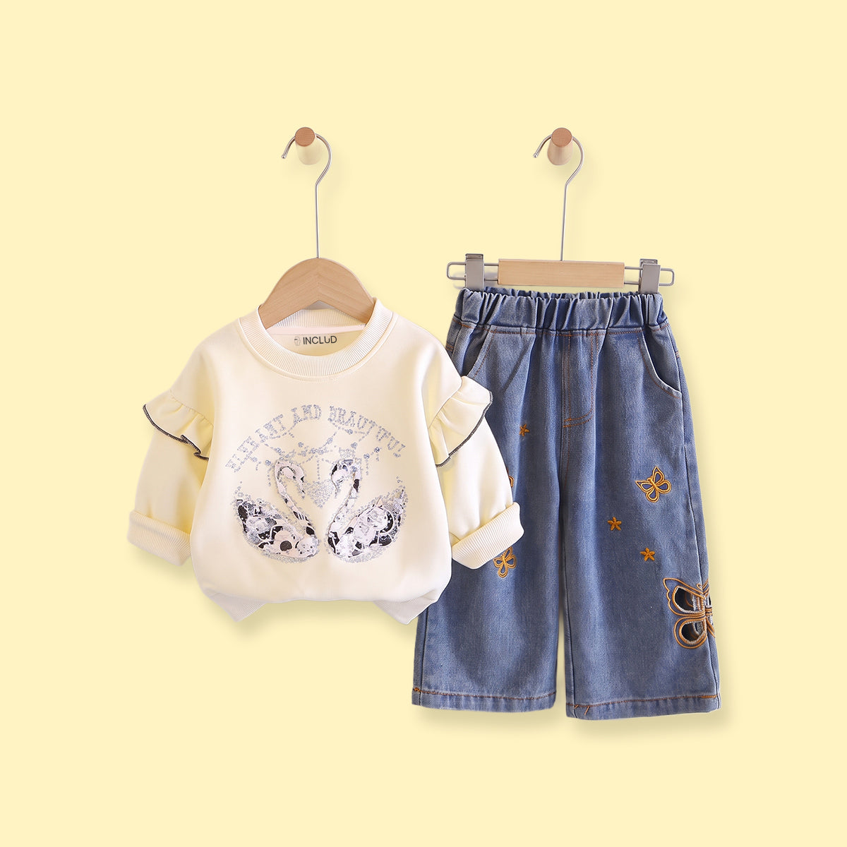 Girls Off White Graphic Ruffled Sweatshirt & Denim Pants Sets Sets Off White 1-2 Y