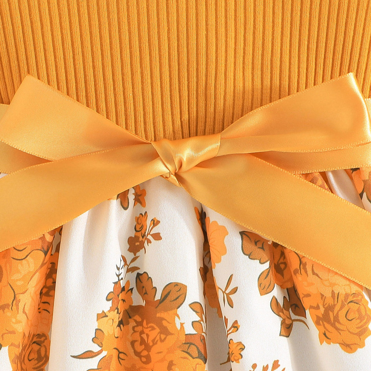 Girls Orange Floral Print Fit & Flare Dress With Satin Belt Casual Dresses