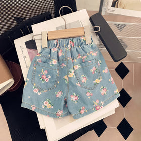 Girls Light Blue Floral Print Top With Elasticated Shorts Sets 2 pc. Sets