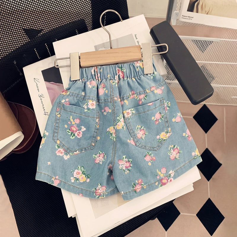 Girls Light Blue Floral Print Top With Elasticated Shorts Sets 2 pc. Sets