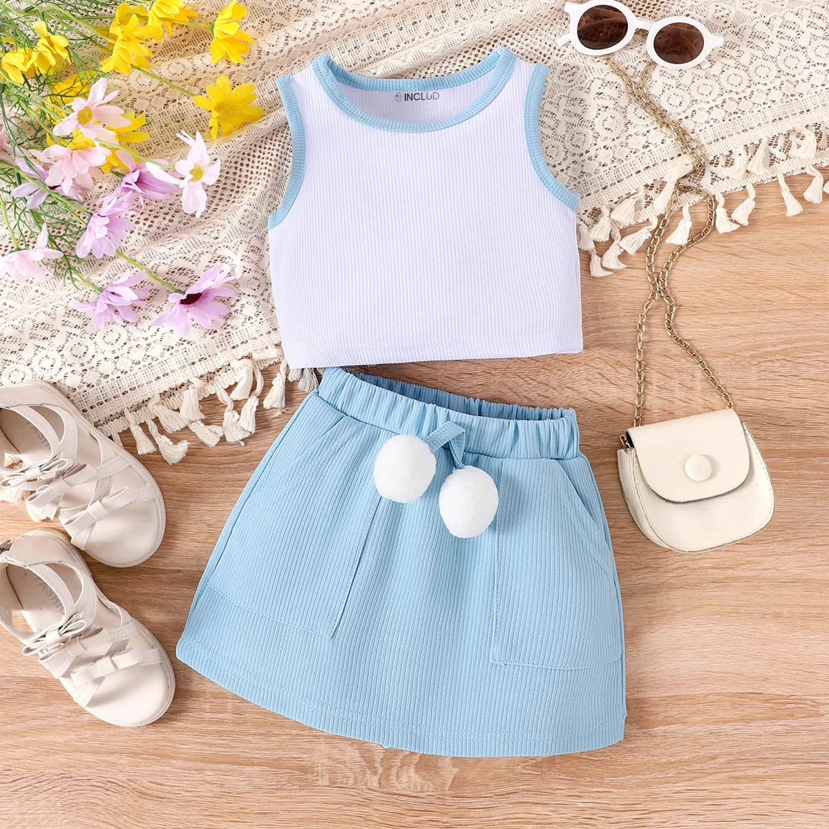 Girls Textured Sleeveless Top With Light Blue Skirt Sets 2 pc. Sets Light Blue 1-2 Y