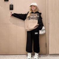 Girls Khaki Typographic Printed Hooded Sweatshirt With Pants Sets 2 pc. Sets